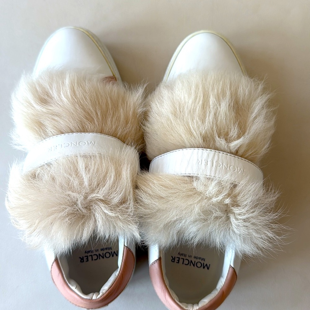 Moncler Victoire Fox Fur Trimmed Slip-On Sneakers Trainers Shoes. Sz 7